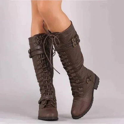 Supportive Women’s Knee Boots - Lace Up Leather, Streetwear