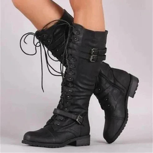 Supportive Women’s Knee Boots - Lace Up Leather, Streetwear