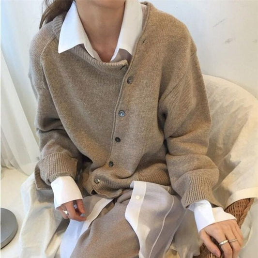 Oversized Women’s Button Cardigan - Asymmetric Wool Layering
