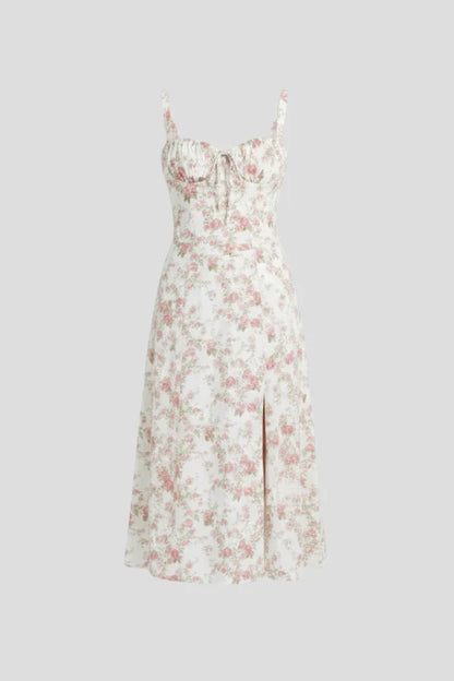 Vestito leggero da donna - spalline sottili, midi floreale fluido, poliestere, per l’estate