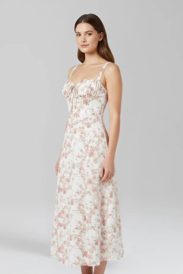 Vestito leggero da donna - spalline sottili, midi floreale fluido, poliestere, per l’estate