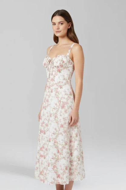 Vestito leggero da donna - spalline sottili, midi floreale fluido, poliestere, per l’estate