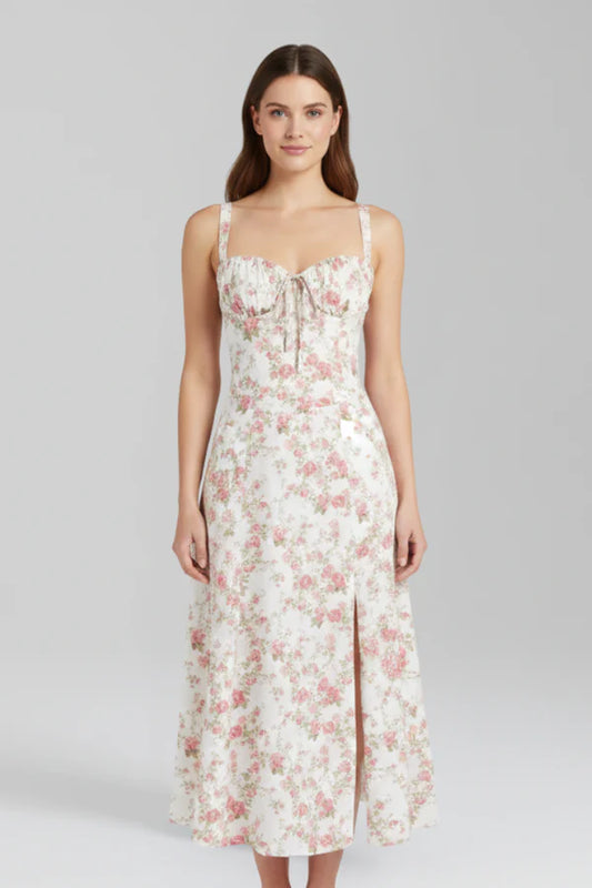 Vestito leggero da donna - spalline sottili, midi floreale fluido, poliestere, per l’estate
