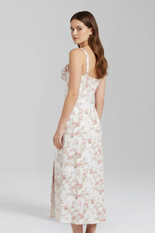 Vestito leggero da donna - spalline sottili, midi floreale fluido, poliestere, per l’estate