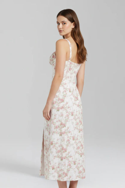 Vestito leggero da donna - spalline sottili, midi floreale fluido, poliestere, per l’estate