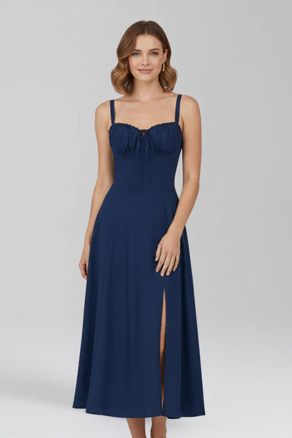 Vestito leggero da donna - spalline sottili, midi floreale fluido, poliestere, per l’estate