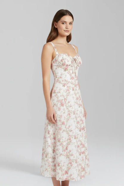 Vestito leggero da donna - spalline sottili, midi floreale fluido, poliestere, per l’estate