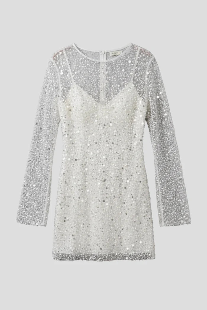 Lightweight women's flattering mini dress - bead-embellished mesh overlay, foam beads, for evening events