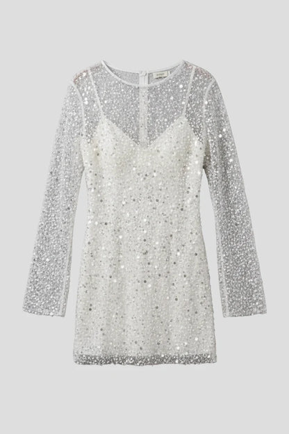 Lightweight women's flattering mini dress - bead-embellished mesh overlay, foam beads, for evening events