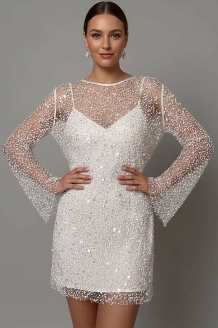 Lightweight women's flattering mini dress - bead-embellished mesh overlay, foam beads, for evening events