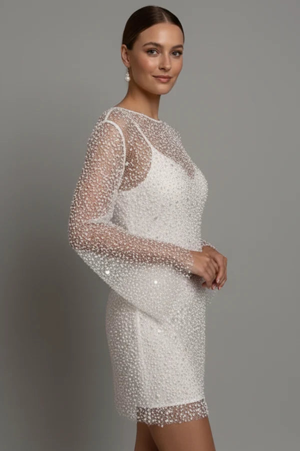 Lightweight women's flattering mini dress - bead-embellished mesh overlay, foam beads, for evening events