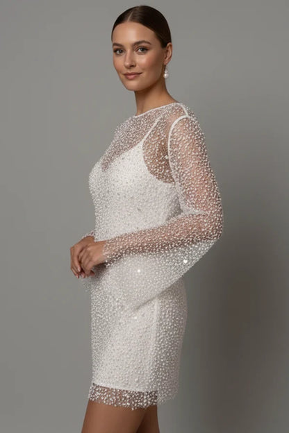 Lightweight women's flattering mini dress - bead-embellished mesh overlay, foam beads, for evening events