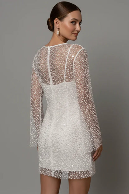 Lightweight women's flattering mini dress - bead-embellished mesh overlay, foam beads, for evening events