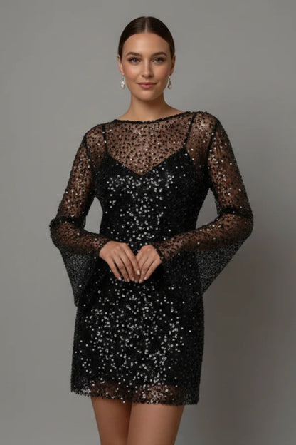 Lightweight women's flattering mini dress - bead-embellished mesh overlay, foam beads, for evening events