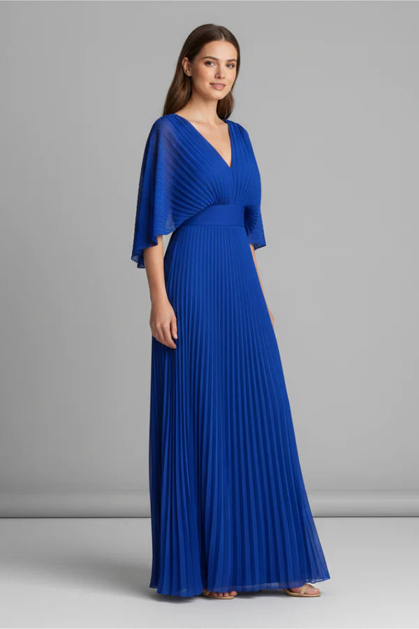 Vestito fluido da donna - scollo a V, maniche a pipistrello, vita alta, poliestere leggero, abbigliamento casual da giorno
