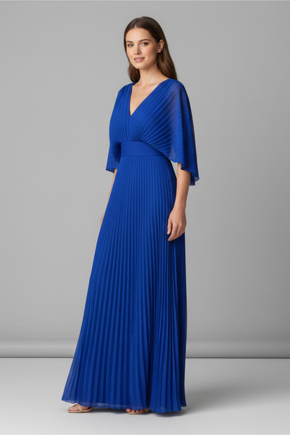 Vestito fluido da donna - scollo a V, maniche a pipistrello, vita alta, poliestere leggero, abbigliamento casual da giorno