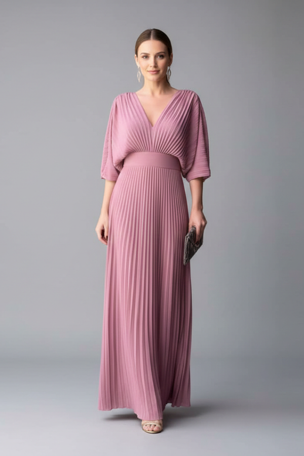 Vestito fluido da donna - scollo a V, maniche a pipistrello, vita alta, poliestere leggero, abbigliamento casual da giorno