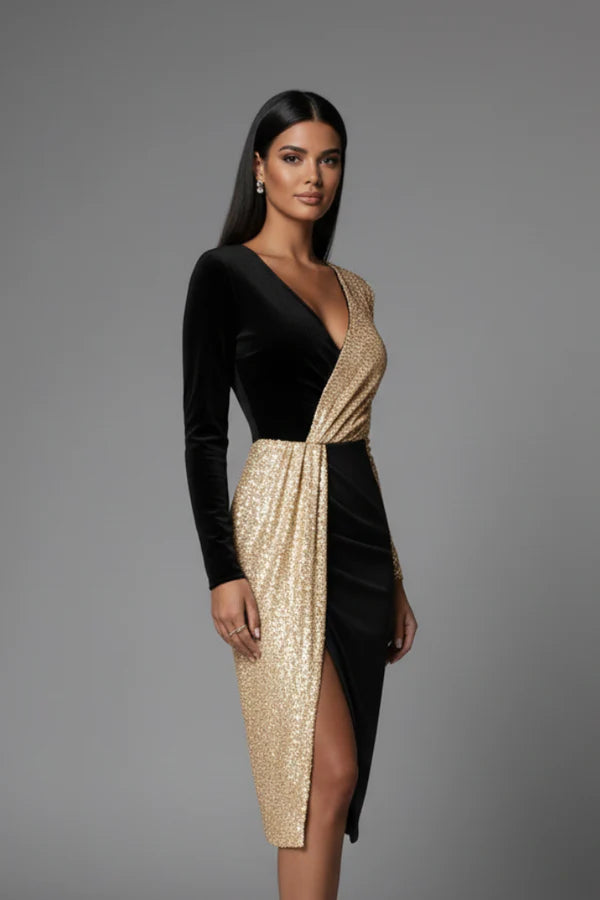 Fitted Flattering Women’s Dress - V-Neck Wrap-Waist, Sequined Panel, Eveningwear