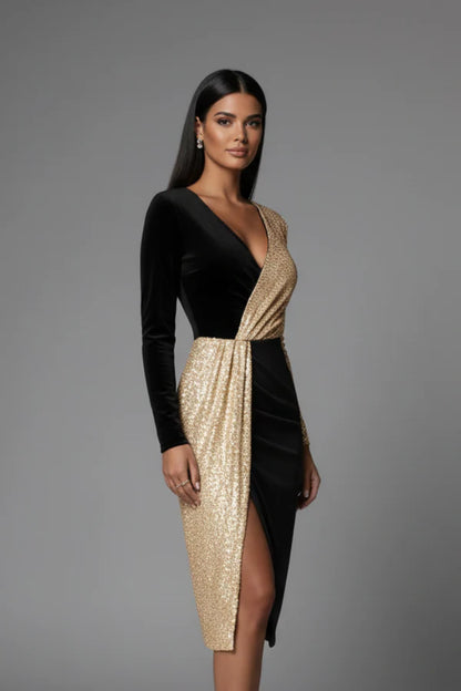 Fitted Flattering Women’s Dress - V-Neck Wrap-Waist, Sequined Panel, Eveningwear