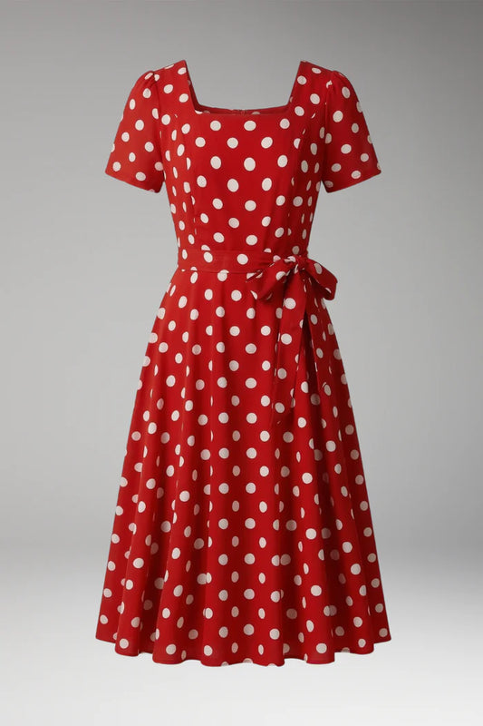 Vestito morbido e fluido da donna – abito a linea A con incrocio, stampa a pois, lunghezza al ginocchio, cintura in vita, poliestere, per occasioni