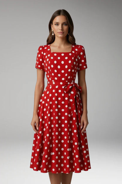 Soft, flowy women's dress – a-line wrap dress, polka-dot print, knee-length, waist-tie, polyester, for occasions