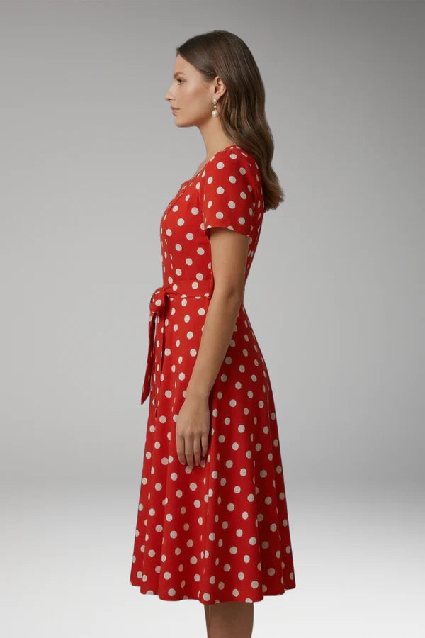 Soft, flowy women's dress – a-line wrap dress, polka-dot print, knee-length, waist-tie, polyester, for occasions