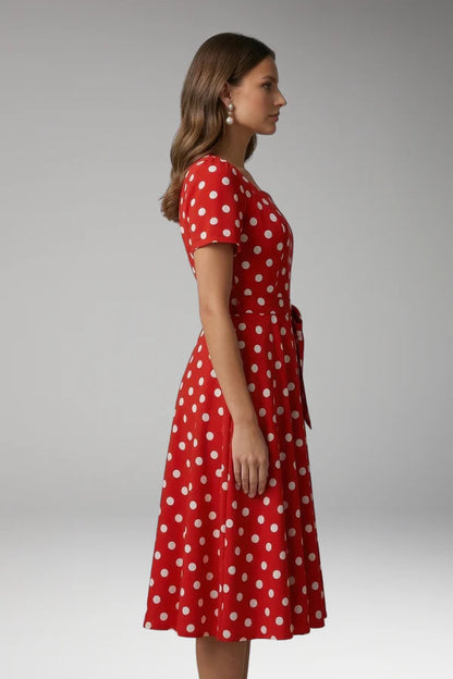 Soft, flowy women's dress – a-line wrap dress, polka-dot print, knee-length, waist-tie, polyester, for occasions
