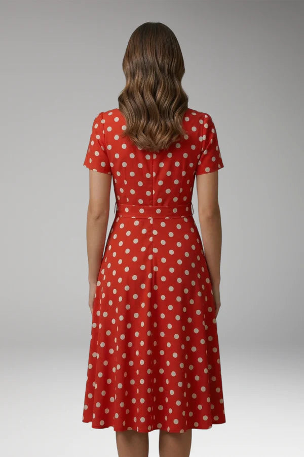 Soft, flowy women's dress – a-line wrap dress, polka-dot print, knee-length, waist-tie, polyester, for occasions