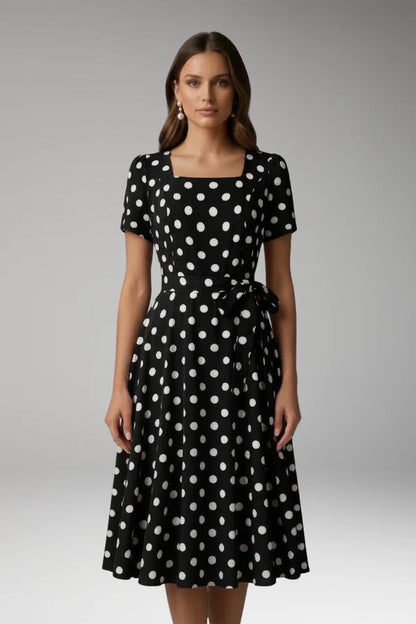 Soft, flowy women's dress – a-line wrap dress, polka-dot print, knee-length, waist-tie, polyester, for occasions
