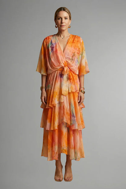Vestito leggero da donna - modello a infilare, a strati, chiffon, tie-dye, abbigliamento casual per vacanze