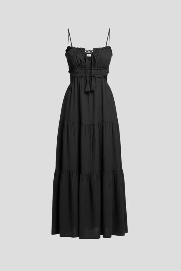 Vestito lungo leggero e valorizzante da donna - corpetto arricciato, gonna a balze ampia, tessuto morbido, abbigliamento casual