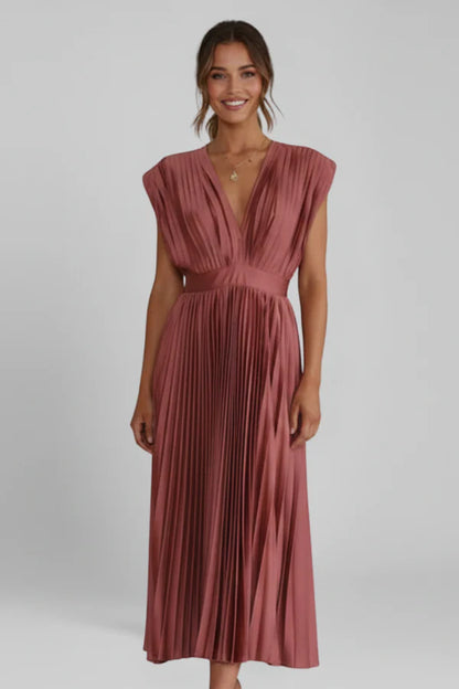 Vestito leggero da donna - scollo a V plissettato senza maniche, poliestere, abbigliamento casual per eventi estivi
