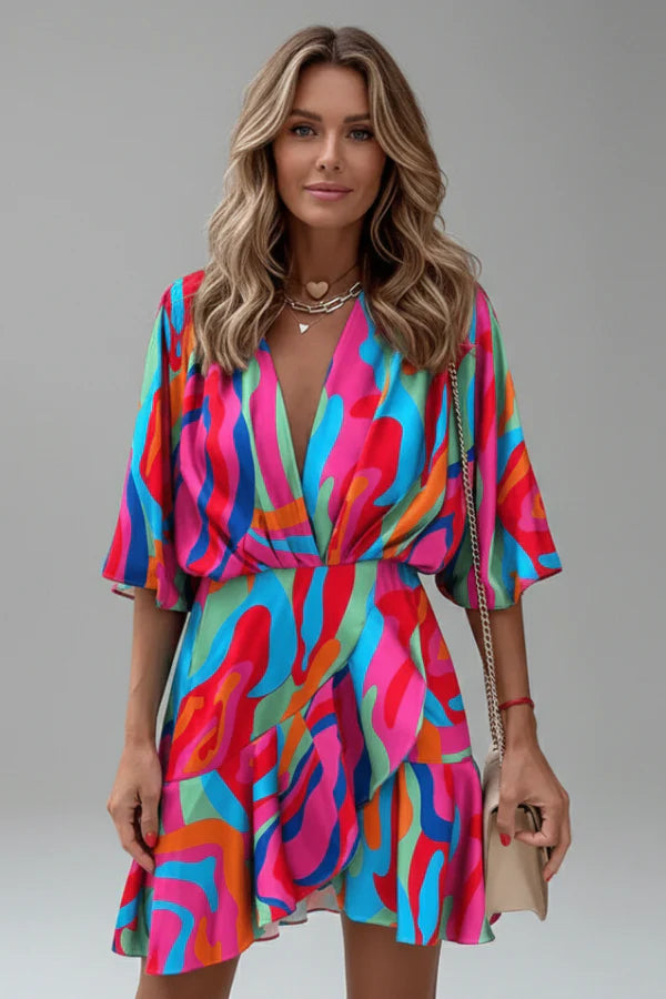 Lightweight flattering women's dress - doll-sleeve V-neck, irregular hem, paisley print, casual
