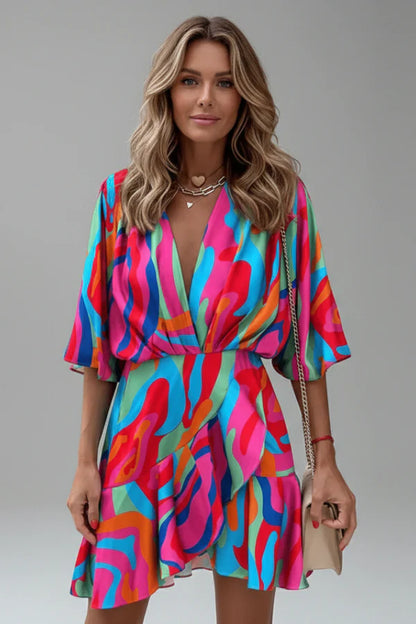 Lightweight flattering women's dress - doll-sleeve V-neck, irregular hem, paisley print, casual
