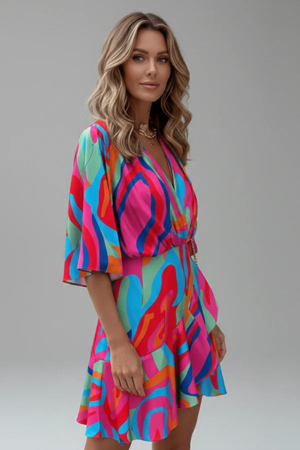 Lightweight flattering women's dress - doll-sleeve V-neck, irregular hem, paisley print, casual