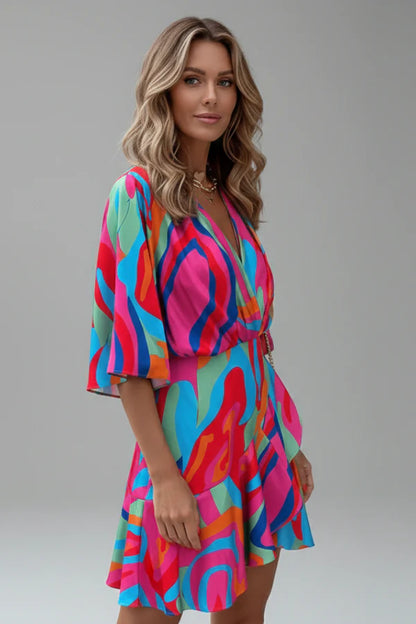 Lightweight flattering women's dress - doll-sleeve V-neck, irregular hem, paisley print, casual