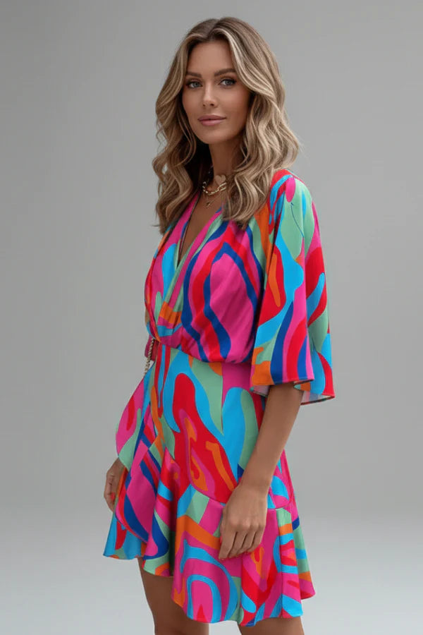 Lightweight flattering women's dress - doll-sleeve V-neck, irregular hem, paisley print, casual
