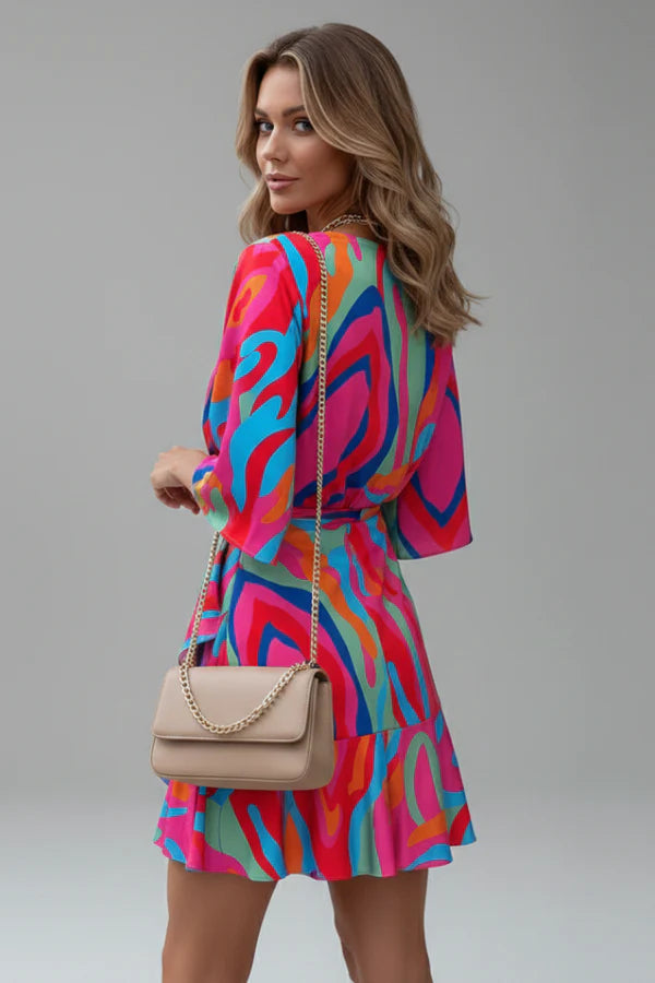Lightweight flattering women's dress - doll-sleeve V-neck, irregular hem, paisley print, casual