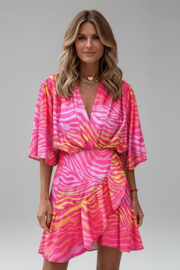 Lightweight flattering women's dress - doll-sleeve V-neck, irregular hem, paisley print, casual