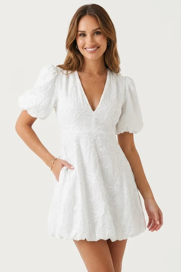 Lightweight women's dress - puff-sleeve, A-line with embroidery, for casual wear