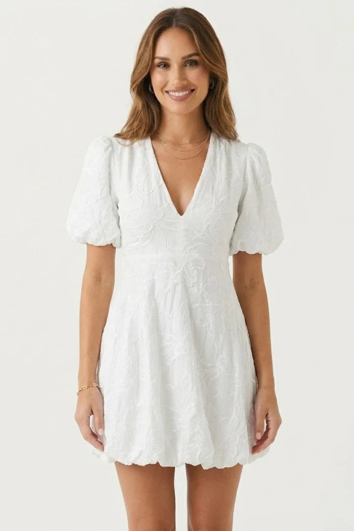 Lightweight women's dress - puff-sleeve, A-line with embroidery, for casual wear