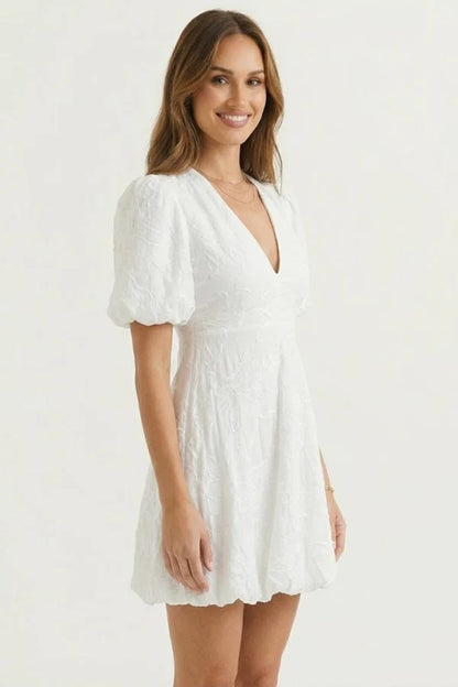 Lightweight women's dress - puff-sleeve, A-line with embroidery, for casual wear