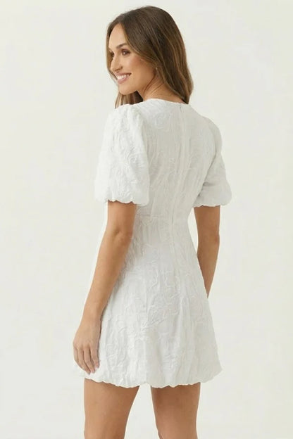 Lightweight women's dress - puff-sleeve, A-line with embroidery, for casual wear