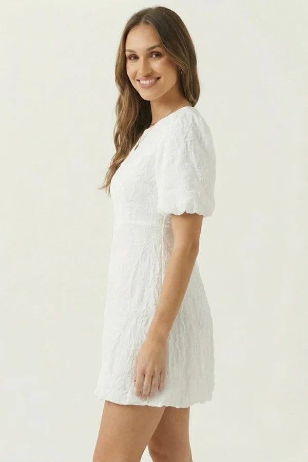 Lightweight women's dress - puff-sleeve, A-line with embroidery, for casual wear