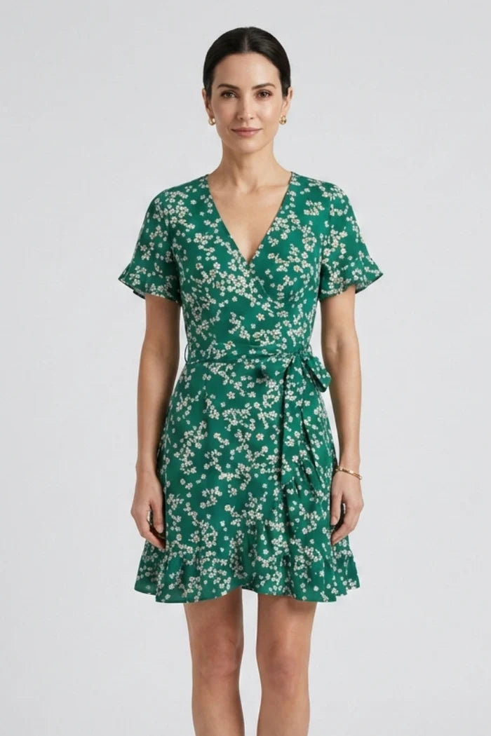 Lightweight women's dress – wrap v-neck, floral print, chiffon, for warm-weather occasions