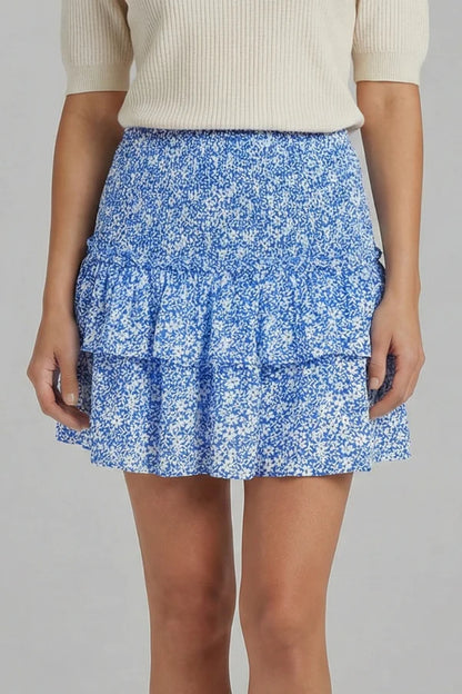 Gonna corta leggera da donna plissettata con stampa floreale - strati arricciati, poliestere, abbigliamento casual