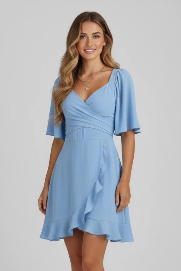 Lightweight women's dress - V-neck wrap waist, flutter sleeves, ruffle hem, polyester, for occasions
