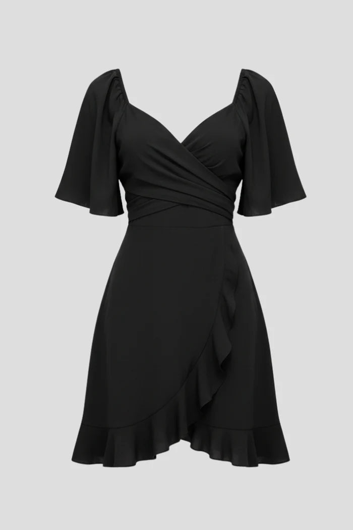 Lightweight women's dress - V-neck wrap waist, flutter sleeves, ruffle hem, polyester, for occasions