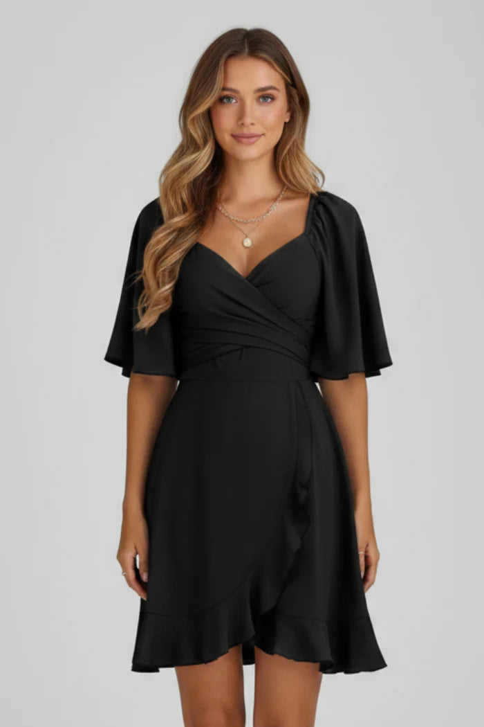 Lightweight women's dress - V-neck wrap waist, flutter sleeves, ruffle hem, polyester, for occasions
