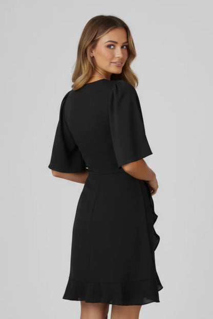 Lightweight women's dress - V-neck wrap waist, flutter sleeves, ruffle hem, polyester, for occasions